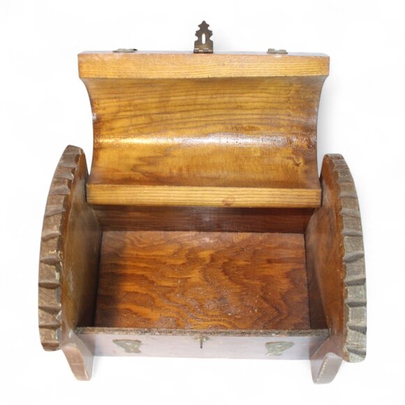 Vintage Rustic Wood & Metal Locking Trunk Jewelry Box With Bark Lid - Picture 6 of 7